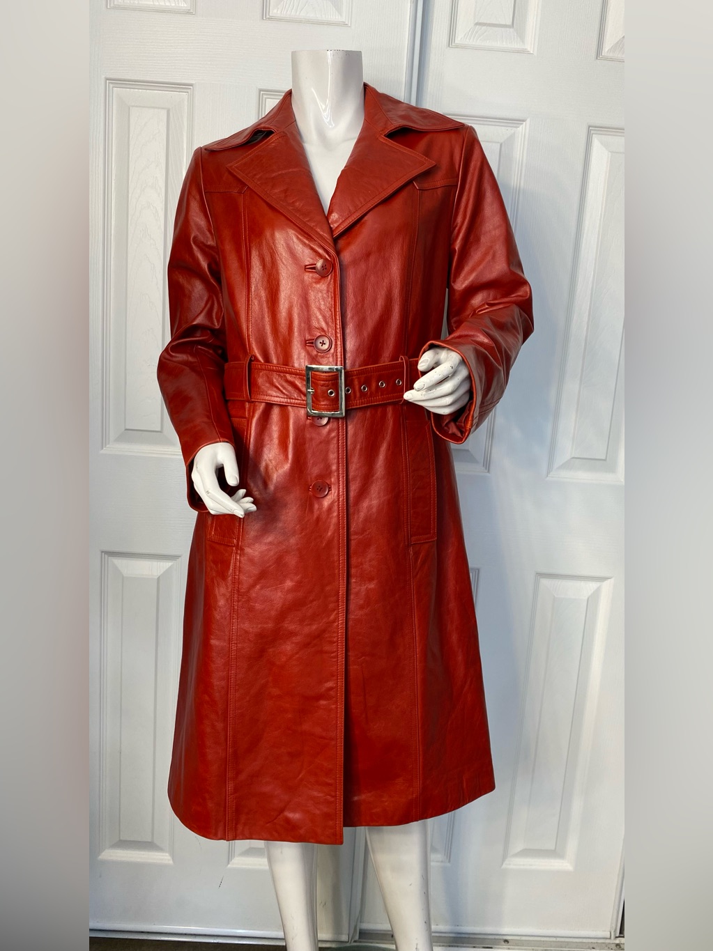 Leather Carlisle Red Leather Belted Trench Coat